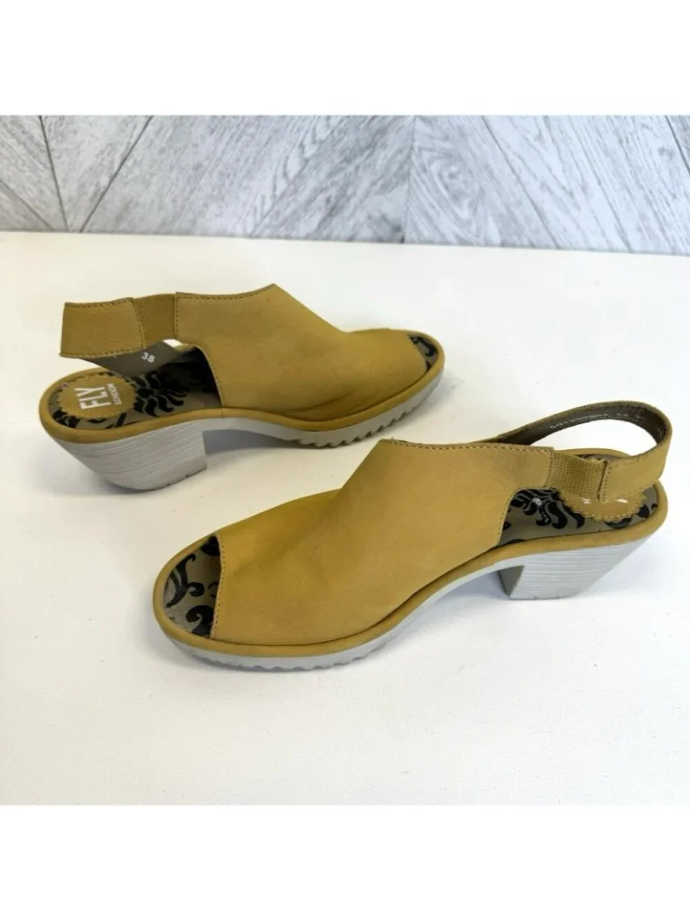 Fly London Leather Peep Toe Slingback Sandals Yellow Womens Size 38 (US 7.5)